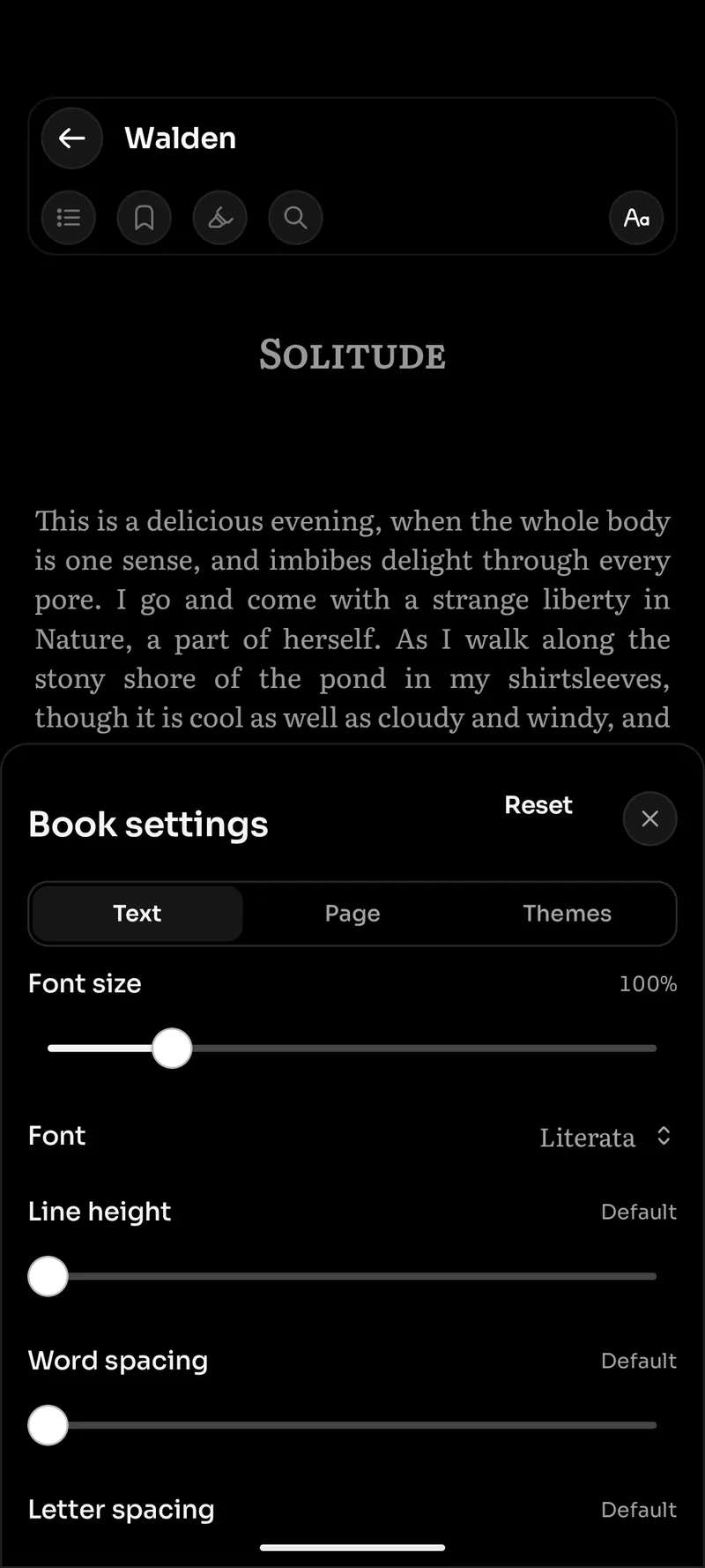 Reader settings open over a book
