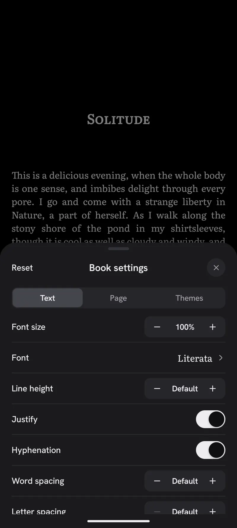 Reader settings open over a book