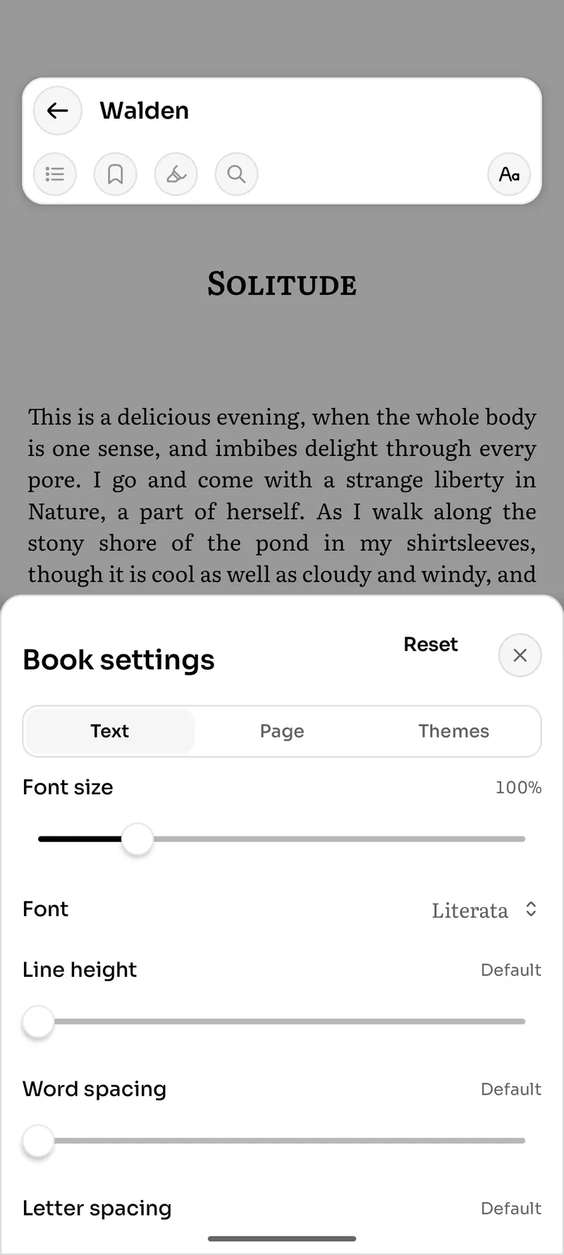 Reader settings open over a book