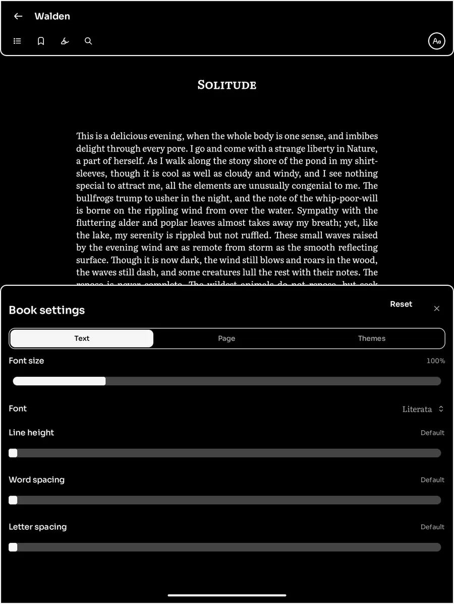 Reader settings open over a book
