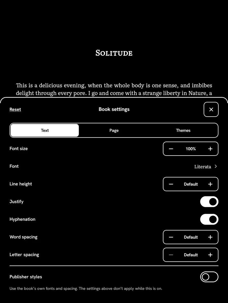 Reader settings open over a book