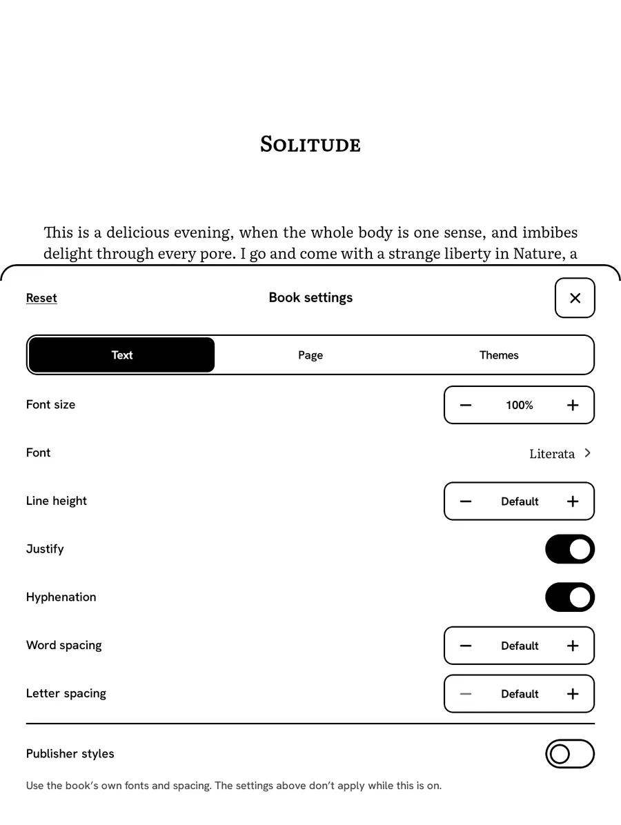 Reader settings open over a book