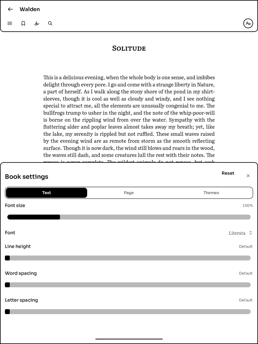 Reader settings open over a book