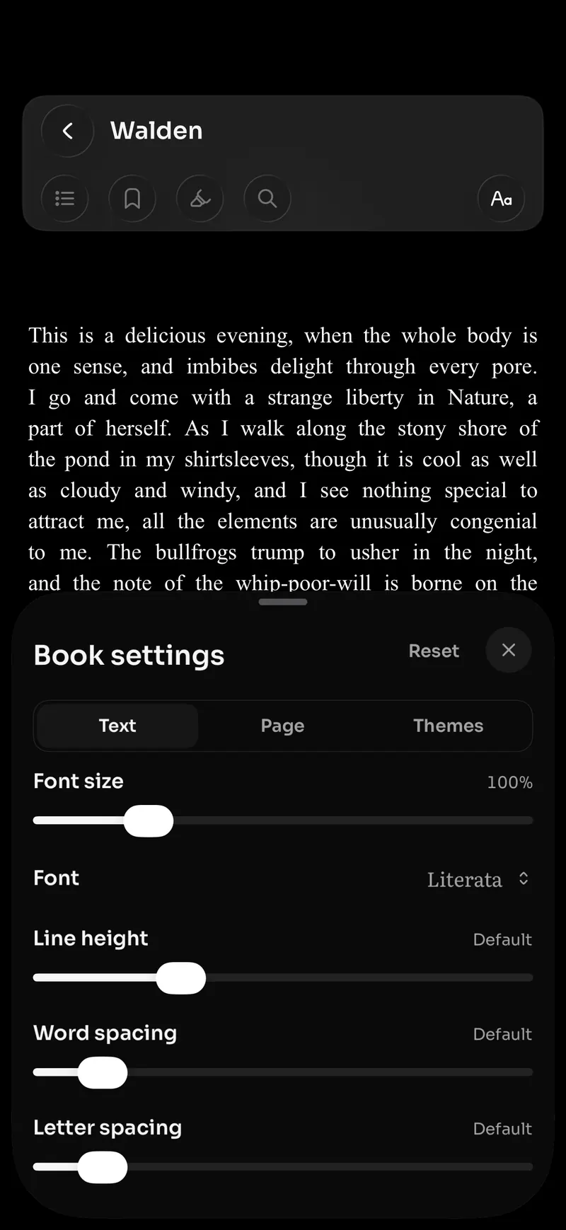 Reader settings open over a book