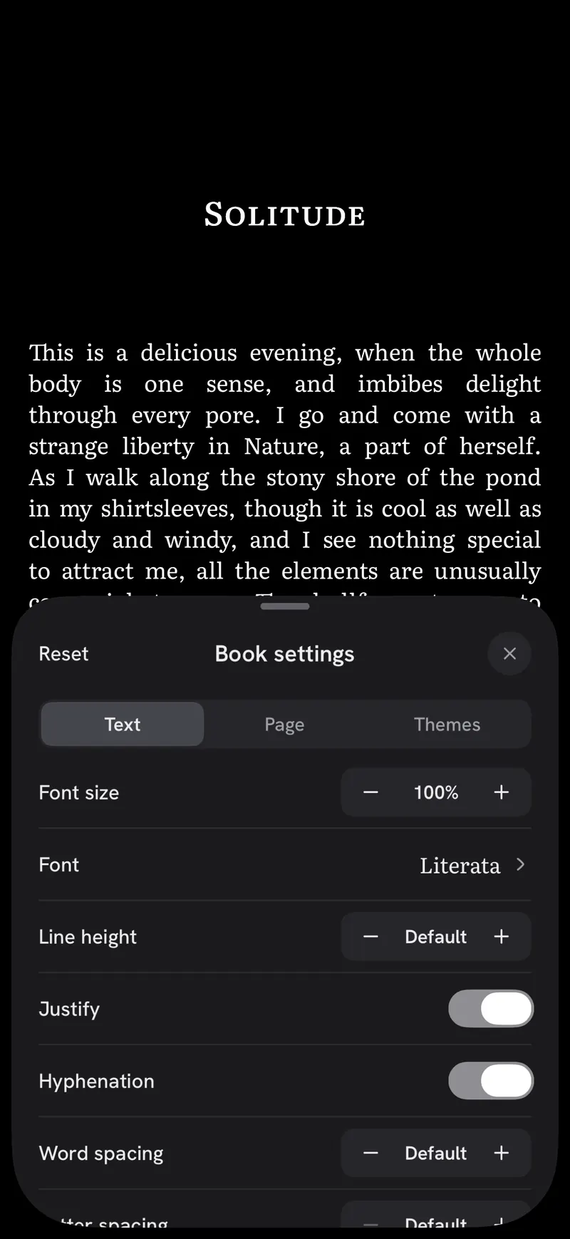 Reader settings open over a book
